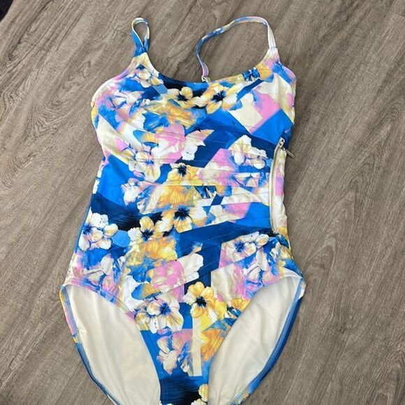 Calvin Klein Printed Zip Starburst Swimsuit-blue-6 - Picture 2 of 6